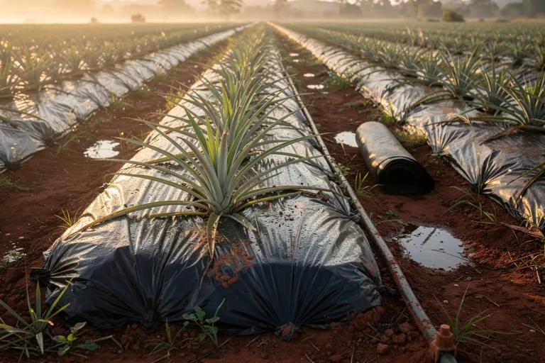 O mulching em plantações de abacaxi ajuda a conservar a umidade do solo