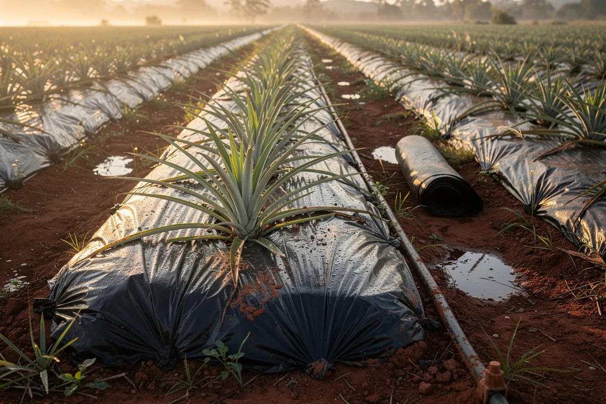O mulching em plantações de abacaxi ajuda a conservar a umidade do solo